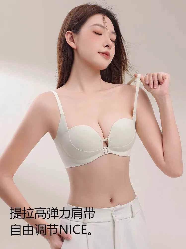 Double Front Button Push Up Bra for Women - Slimming Anti-Sagging Seamless Lingerie, Small Bust Enhancer with Sexy Back Design